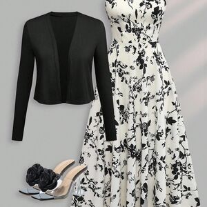 SHEIN Black and White Floral High Low Dress with Cardigan